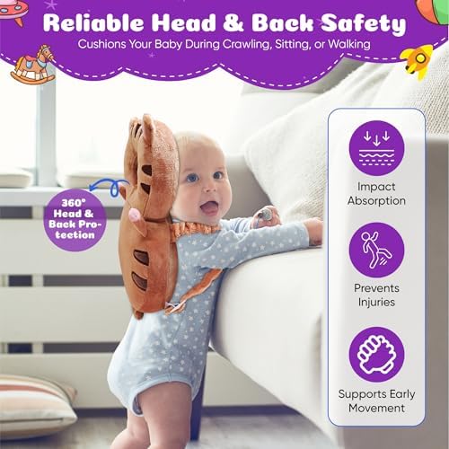 Turtle baby head protector backpack in use