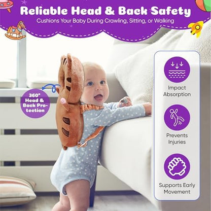 Turtle baby head protector backpack in use