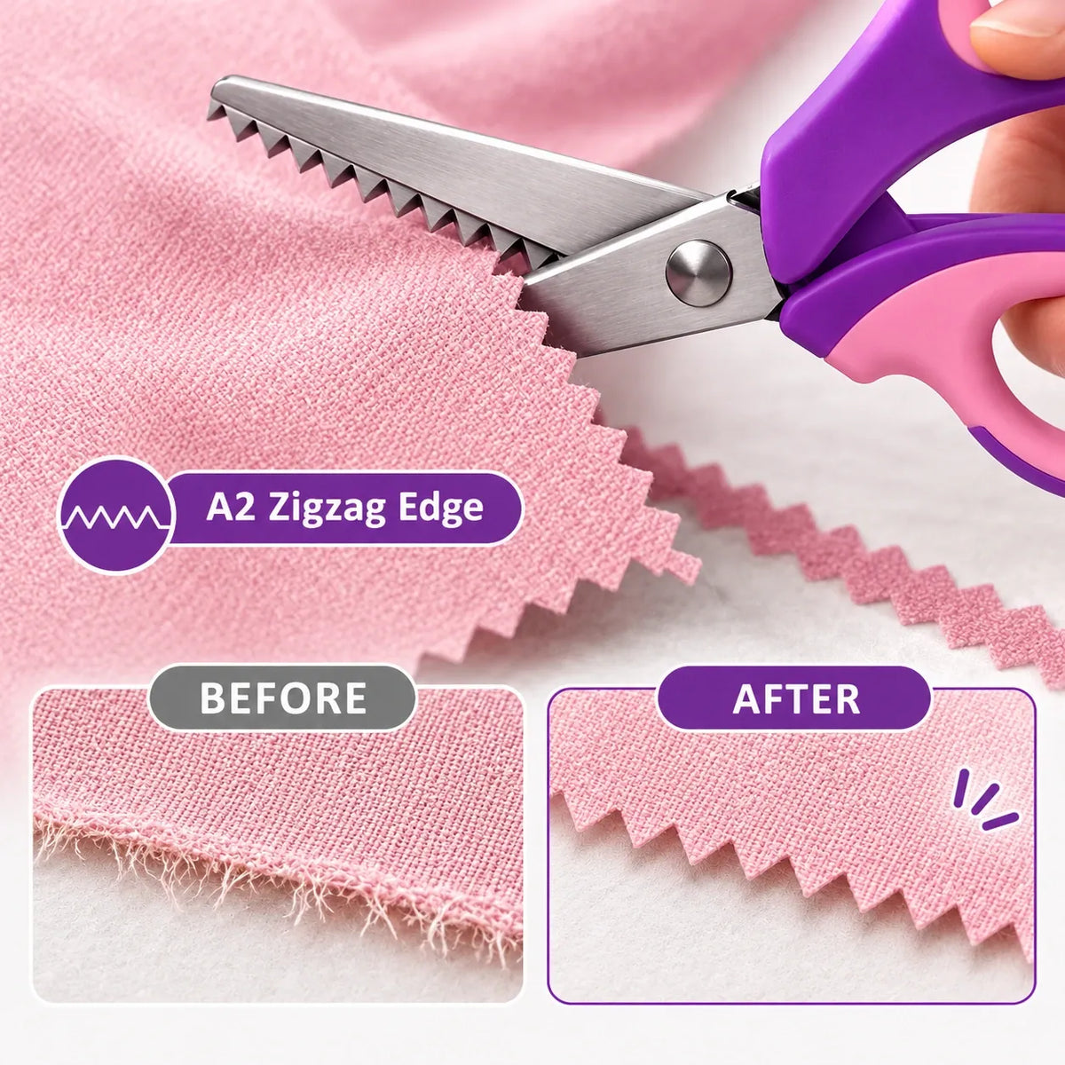 Pink and purple A2 shears making pointed zigzag fabric cut