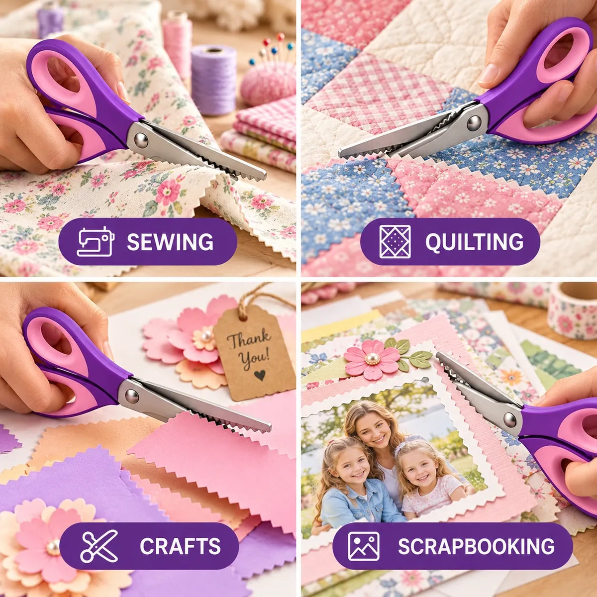 Decorative pink and purple scissors for sewing, quilting, crafts and scrapbooking