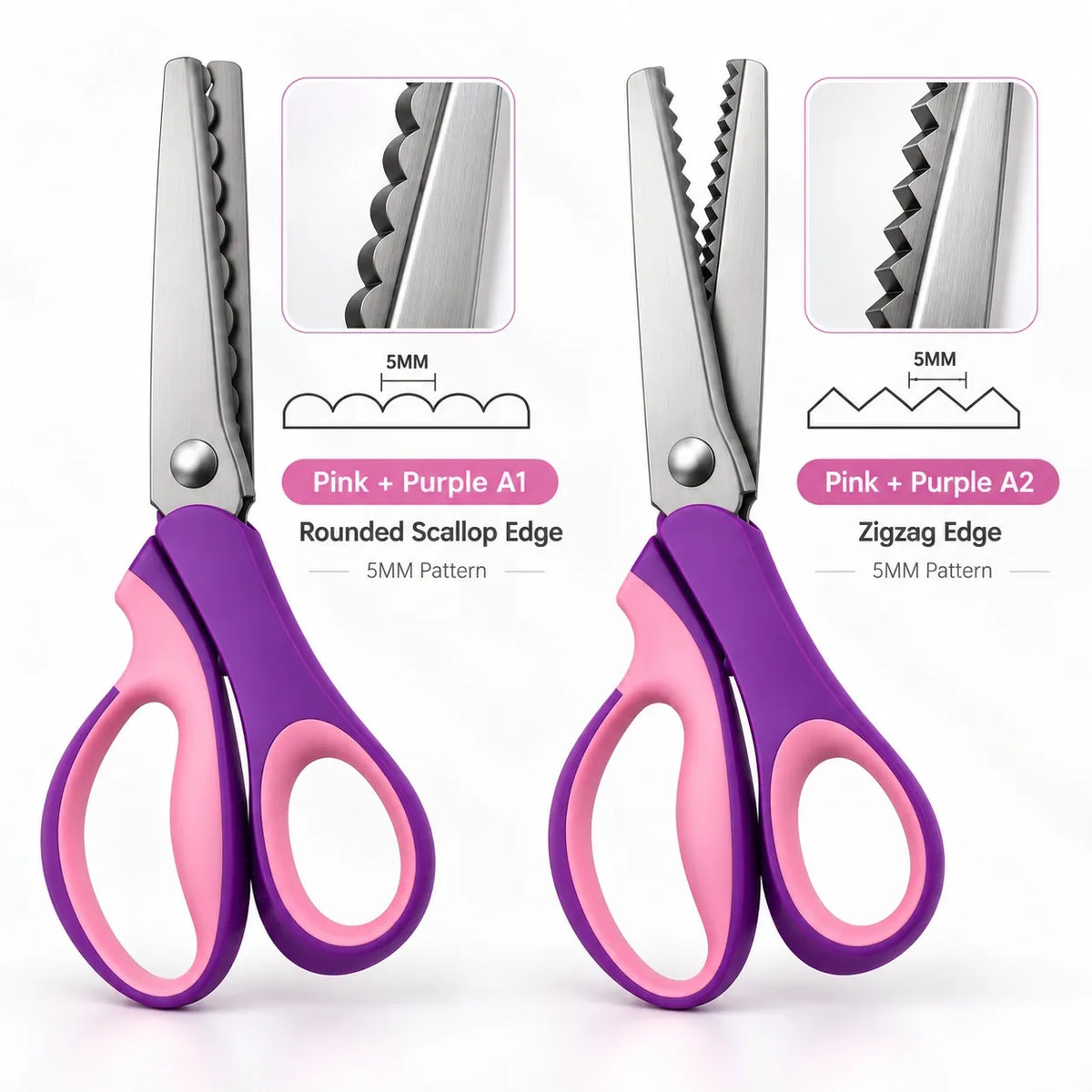 Pink and purple craft scissors A1 scallop and A2 zigzag blade patterns
