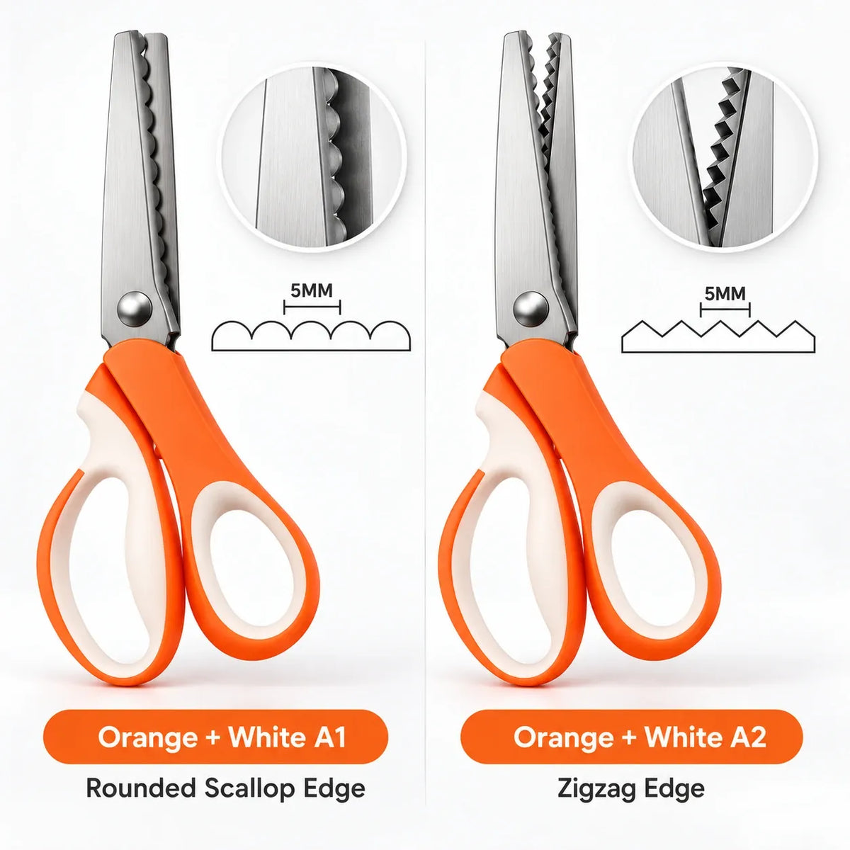 A1 rounded scallop versus A2 pointed zigzag blades, orange and white handles
